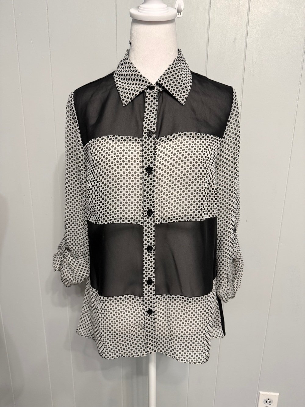 #21) New Directions Black and White Polka Dot Sheer Panel Button-Down Shirt